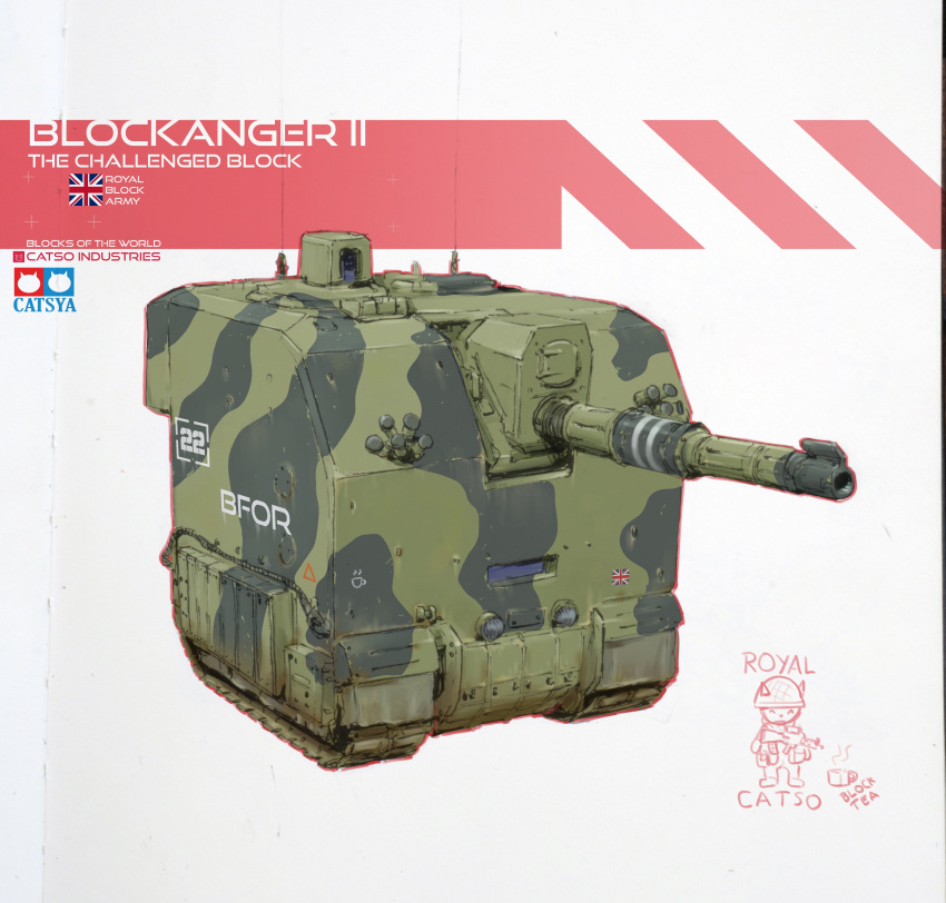 ^_^, absurdres, artist_name, cat, closed_eyes, engineering_nonsense, english_commentary, highres, logo_parody, military_vehicle, motor_vehicle, no_humans, original, patso_catso, radio_antenna, smile, tamiya_incorporated, tank, union_jack, vehicle_focus, white_background