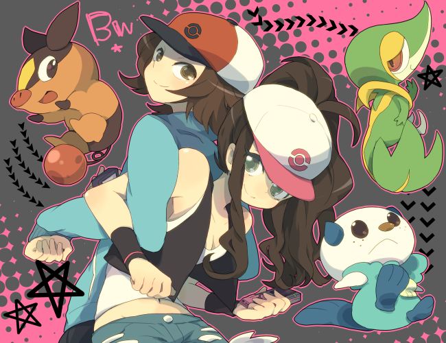 1boy, 1girl, azuma_seiji, back-to-back, baseball_cap, brown_hair, hat, locked_arms