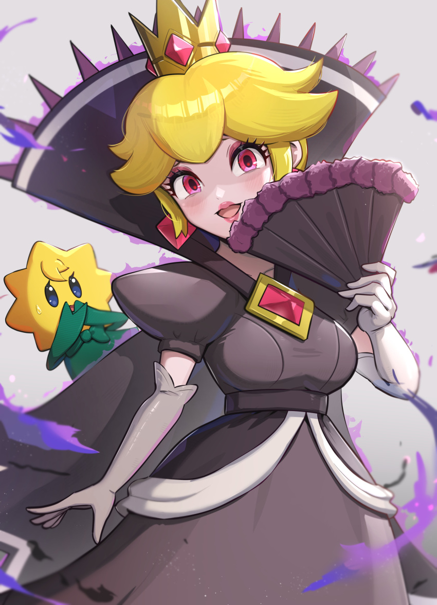 1girl, absurdres, aura, black_dress, blonde_hair, crown, dark_aura, dress, earrings, elbow_gloves, gloves, gonzarez, grey_background, grey_gloves, hand_fan, highres, jewelry, looking_at_viewer, open_mouth, paper_mario, paper_mario:_the_thousand_year_door, princess_peach, princess_peach:_showtime!, red_eyes, shadow_queen, simple_background, stella_(peach), super_mario_bros.