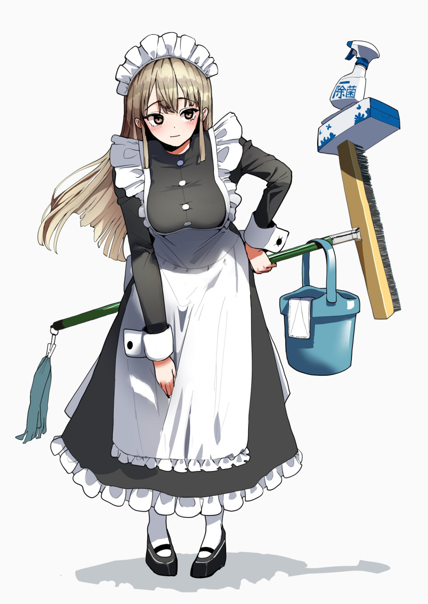 1girl, apron, black_dress, blush, bottle, breasts, broom, brown_eyes