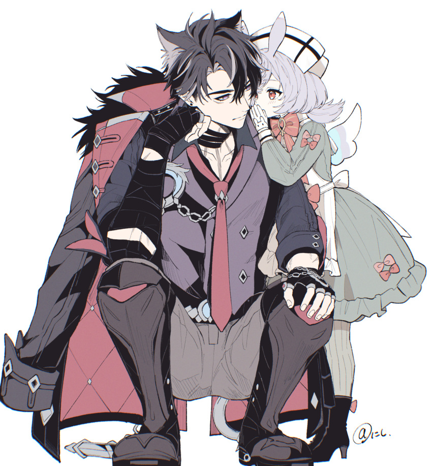 1boy, 1girl, animal_ears, apron, artist_name, belt, black_choker, black_coat