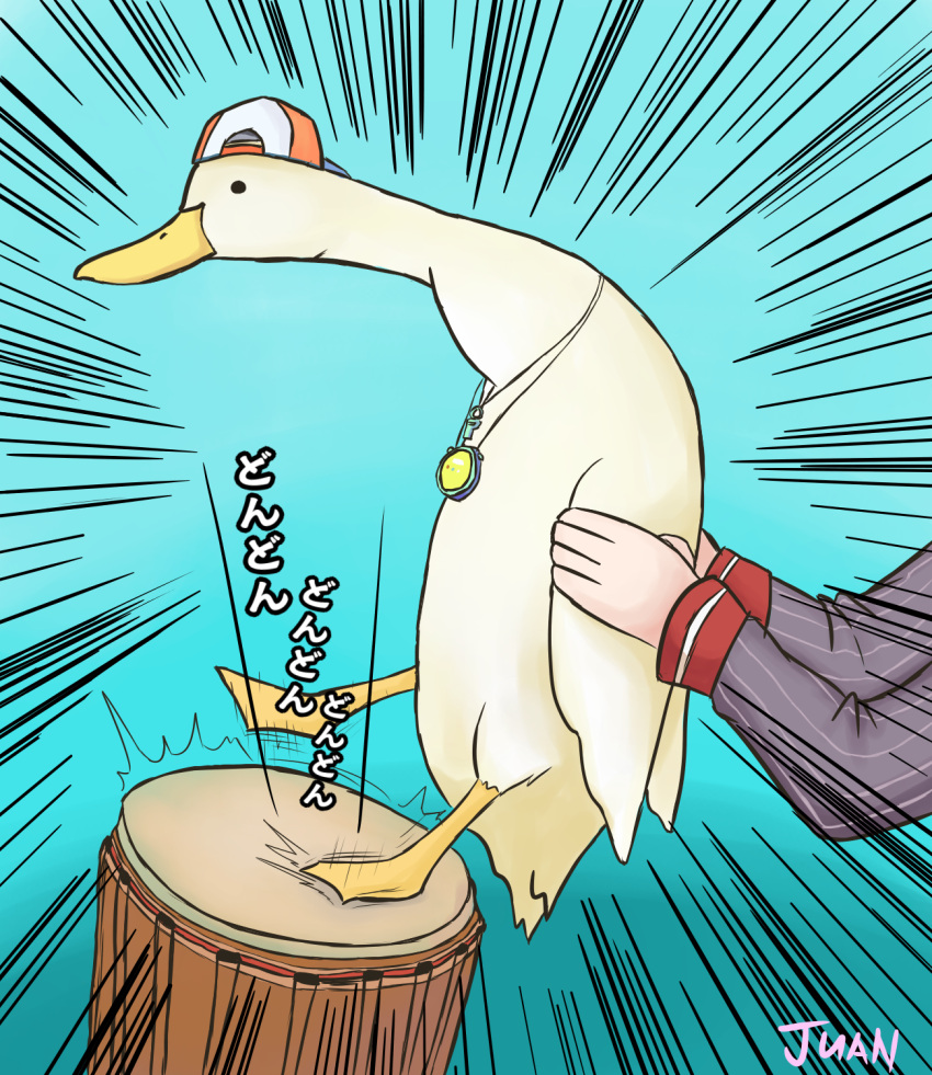 1girl, animal, animal_focus, animalization, aqua_background, artist_name, backwards_hat, baseball_cap, bird, canned_juan, drum, duck, emphasis_lines, hat, highres, holding, holding_animal, hololive, indie_virtual_youtuber, instrument, music, oozora_subaru, playing_instrument, shigure_ui_(1st_costume)_(vtuber), shigure_ui_(vtuber), simple_background, subaru_duck, virtual_youtuber
