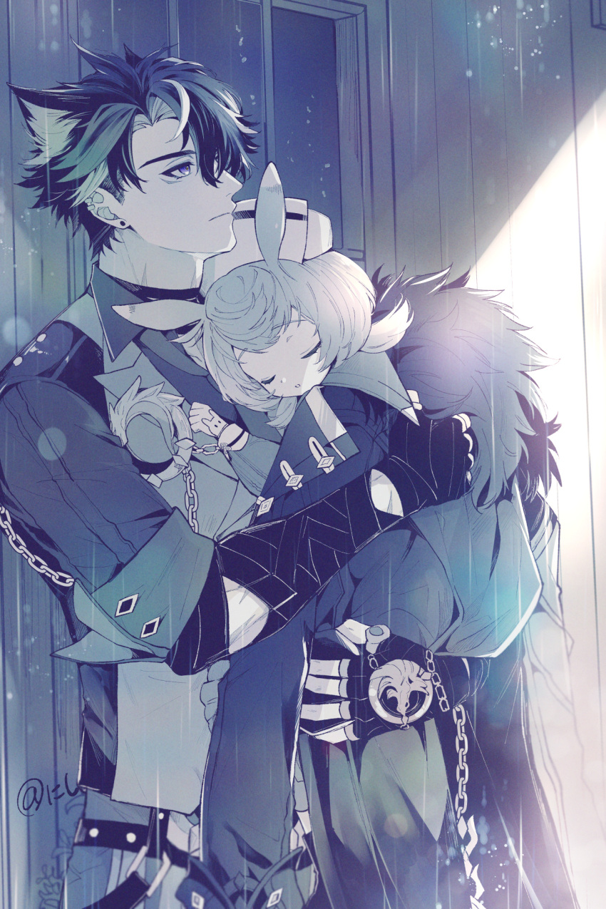 1boy, 1girl, animal_ears, artist_name, belt, black_choker, black_coat, black_gloves