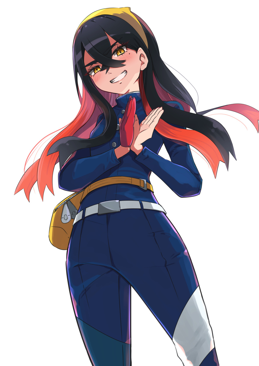 1girl, absurdres, black_hair, blue_jacket, blue_pants, buttons, carmine_(pokemon), colored_inner_hair