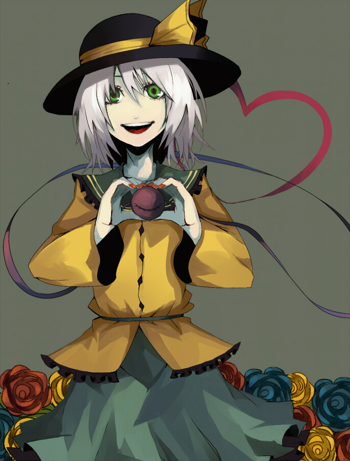 flower, green_eyes, hat, heart, heart_of_string, komeiji_koishi, nail_polish, open_mouth, orgia, origa, pale_skin, rose, short_hair, silver_hair, skirt, smile, solo, touhou