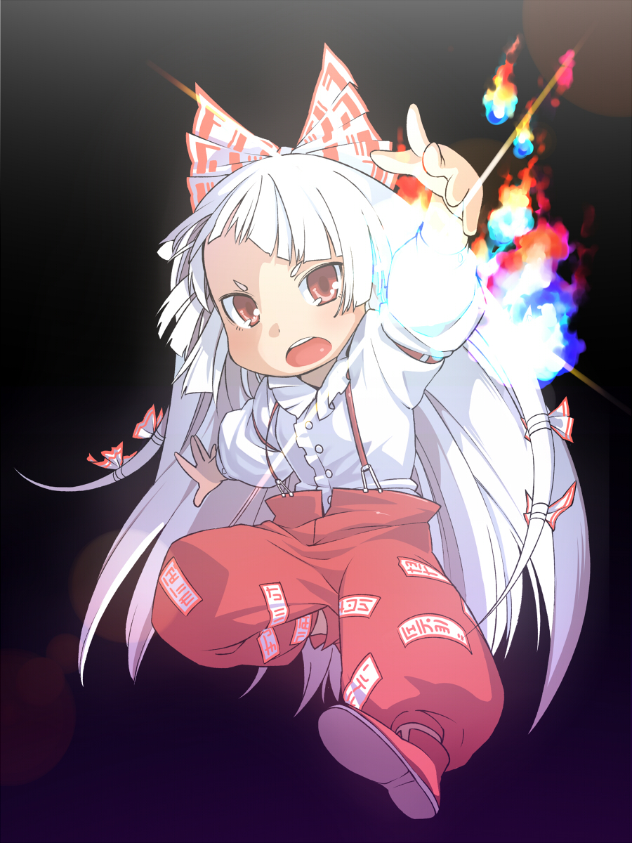 chibi, fire, fujiwara_no_mokou, hair_bow, highres, long_hair, open_mouth, panko_(artist)