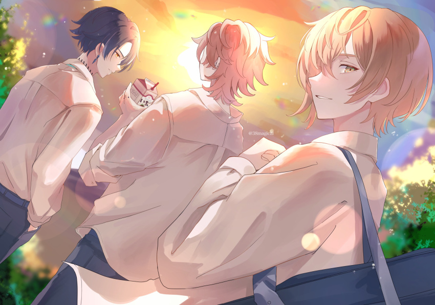 1nm8_(paradox_live), 3boys, bag, belt, black_pants, blue_belt, blue_hair, collared_shirt