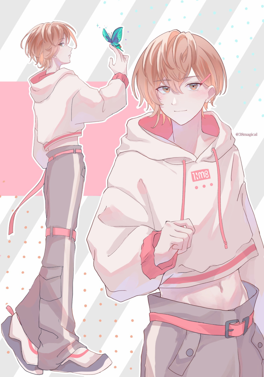 1boy, 1nm8_(paradox_live), alternate_costume, belt, blue_butterfly, bug, butterfly, closed_mouth