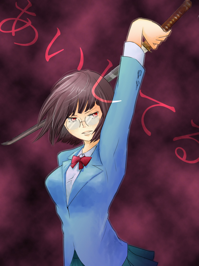 black_hair, bob_cut, breasts, durarara!!, glasses, large_breasts, pleated_skirt, red_eyes, school_uniform, short_hair, skirt, solo, sonohara_anri, sumino, sword, weapon