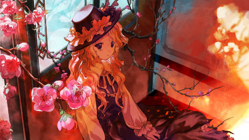 1girl, absurdres, blonde_hair, branch, brown_eyes, brown_headwear, brown_skirt, brown_vest