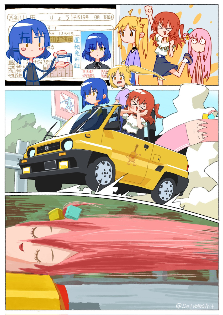 >_<, 4girls, anatomical_nonsense, black_choker, black_jacket, blue_hair, blush, bocchi_the_rock!