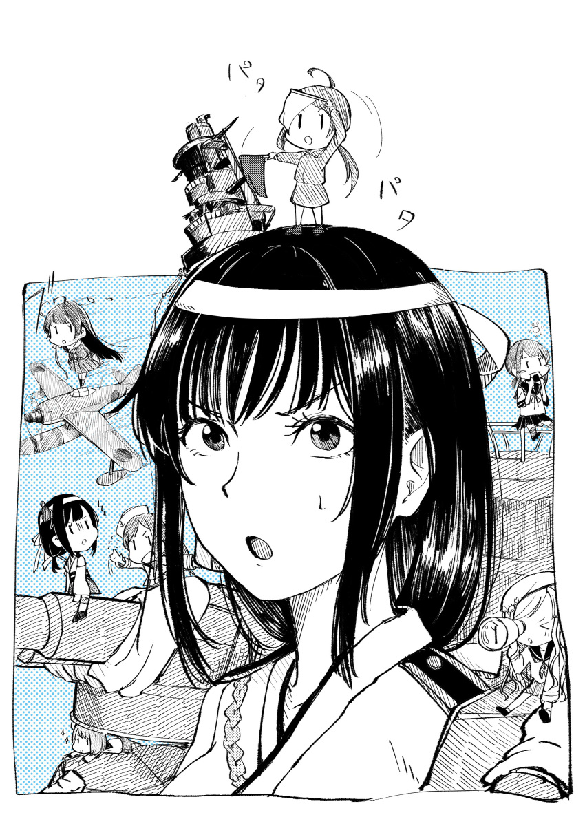>_o, 6+girls, :o, absurdres, aircraft, chitosan, fairy_(kancolle), greyscale