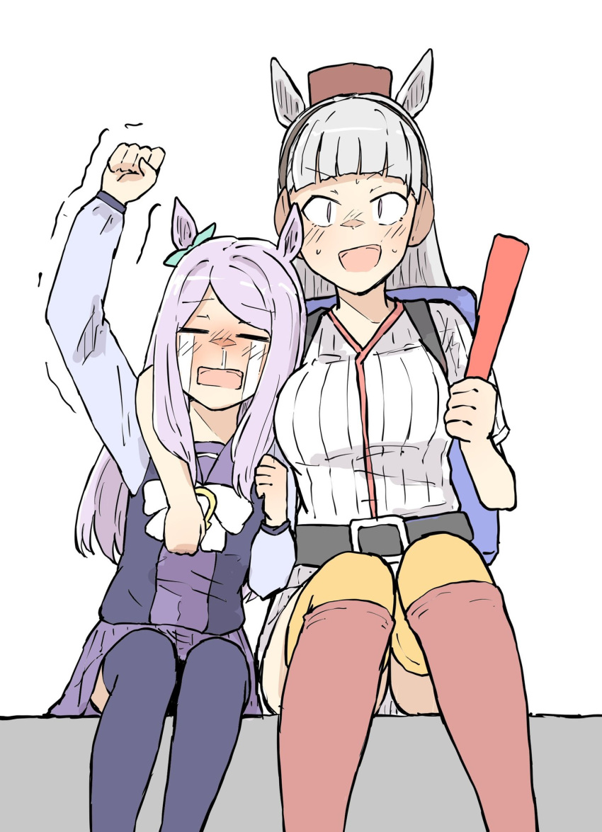 2girls, =_=, alternate_costume, animal_ears, arm_up, belt, black_belt, blunt_bangs, breasts, crying, ear_ribbon, facing_ahead, feet_out_of_frame, gold_ship_(umamusume), green_ribbon, grey_hair, hanshin_tigers, highres, horse_ears, horse_girl, large_breasts, long_hair, mejiro_mcqueen_(umamusume), multiple_girls, nekomimi_sukinosuke, nippon_professional_baseball, orange_thighhighs, pillbox_hat, pleated_skirt, purple_hair, purple_shirt, purple_skirt, purple_thighhighs, ribbon, sailor_collar, sailor_shirt, school_uniform, shirt, simple_background, sitting, skirt, swept_bangs, thigh-highs, tracen_school_uniform, umamusume, violet_eyes, white_background