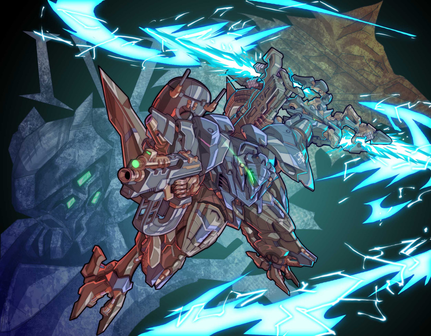 armored_core, armored_core_6, black_background, chibi, electricity, energy_blade, extra_eyes, eye_trail