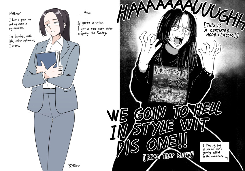 1girl, band_shirt, black_eyes, black_hair, book, bracelet, collared_shirt, da_devil's_playground
