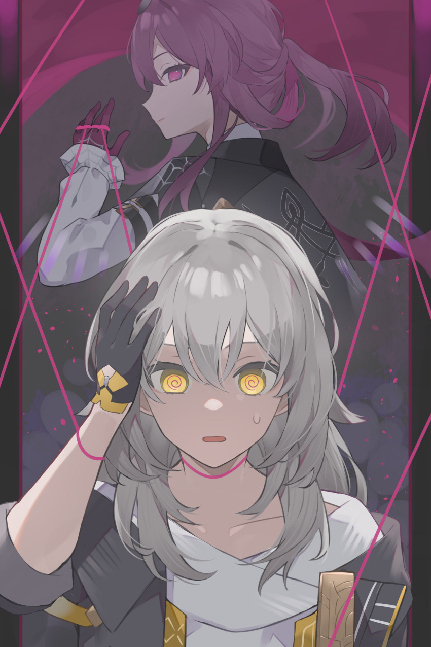2girls, @_@, black_gloves, black_jacket, commentary, gloves, grey_background, grey_hair