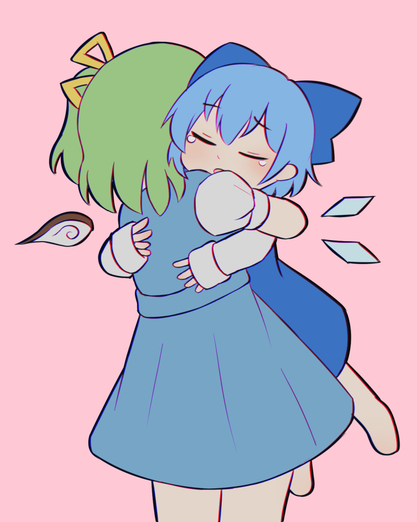 2girls, blue_bow, blue_dress, blue_hair, bow, cevio, cirno, closed_eyes