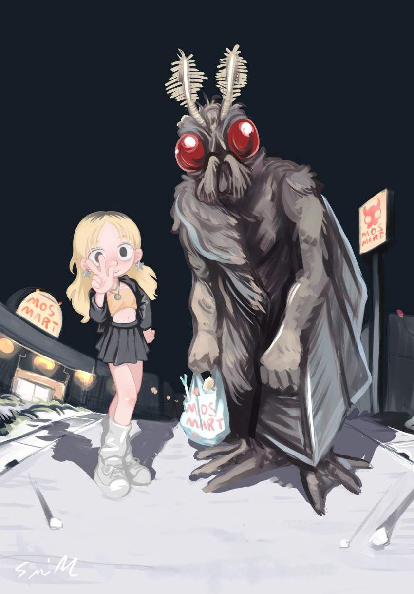 1girl, absurdres, antennae, black_skirt, blonde_hair, character_request, copyright_request, earrings