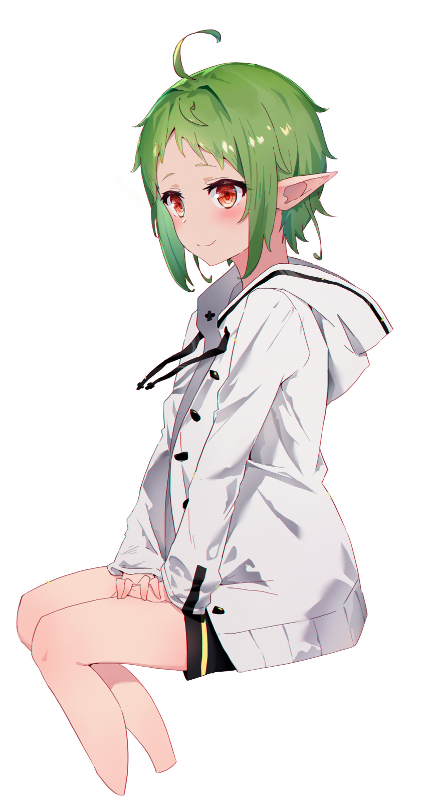 1girl, absurdres, ahoge, black_shorts, closed_mouth, elf, green_hair, highres
