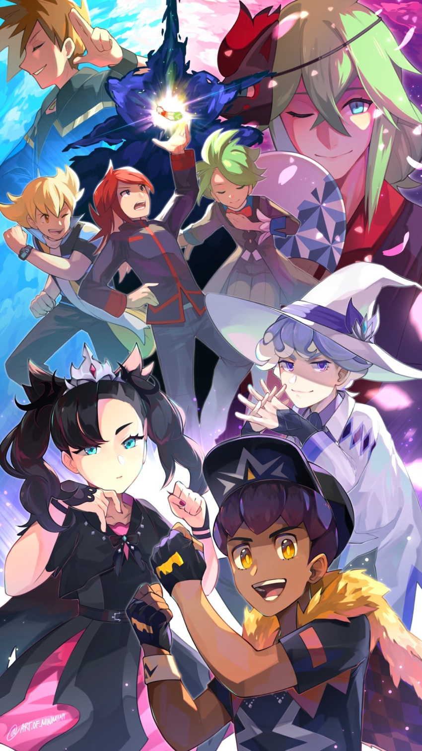 1girl, 6+boys, alternate_color, barry_(pokemon), baseball_cap, bede_(champion)_(pokemon), bede_(pokemon), black_dress, black_hair, blonde_hair, blue_oak, blue_oak_(sygna_suit), bow, bowtie, closed_eyes, crown, dark-skinned_male, dark_skin, dress, feathers, fingerless_gloves, gloves, green_hair, hand_fan, hat, highres, hop_(champion)_(pokemon), hop_(pokemon), looking_at_viewer, marnie_(champion)_(pokemon), marnie_(pokemon), mask, mask_on_head, minmini, multiple_boys, n_(pokemon), n_(summer_2022)_(pokemon), nail_polish, official_alternate_costume, one_eye_closed, open_mouth, own_hands_together, petals, pokemon, pokemon_(game), pokemon_hgss, pokemon_masters_ex, poketch, purple_hair, rainbow_feather_(pokemon), redhead, scarf, silver_(pokemon), smile, sparkle, twitter_username, violet_eyes, wally_(pokemon), wally_(sygna_suit)_(pokemon), watch, watch, witch_hat, yellow_eyes