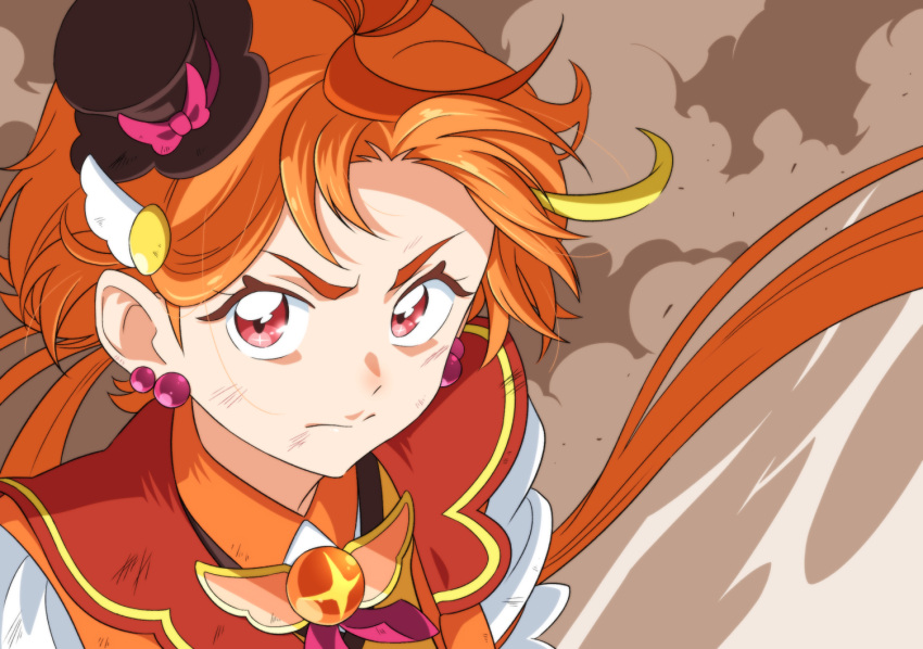 1boy, bow, cure_wing, dokushibuki, dust, floating_hair, hat, hat_bow, hirogaru_sky!_precure, low_ponytail, magical_boy, mini_hat, mini_top_hat, multicolored_hair, orange_hair, orange_shirt, precure, red_eyes, serious, shirt, short_hair, solo, solo_focus, top_hat, upper_body, yuunagi_tsubasa