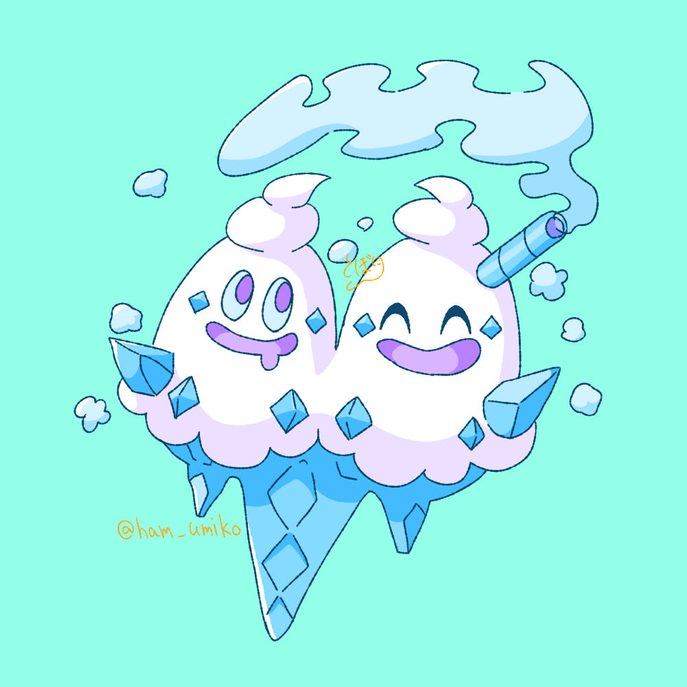 blue_background, closed_eyes, drooling, food, frost, ham_umiko, happy, ice, ice_cream, mouth_drool, no_humans, open_mouth, pokemon, signature, simple_background, smile, solo, twitter_username, vanilluxe, violet_eyes