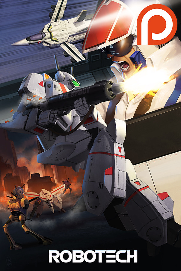 1boy, alien, battle, battroid, building, choujikuu_yousai_macross, english_commentary, fire, firing, gerwalk, helmet, ichijou_hikaru, jyk_allday, macross, mecha, motion_lines, official_art, pilot, pilot_suit, promotional_art, regult, rick_hunter, robot, robotech, roundel, ruins, science_fiction, shouting, surrounded, title, u.n._spacy, variable_fighter, veritech, vf-1, vf-1j, vf-1s, walker_(robot), zentradi