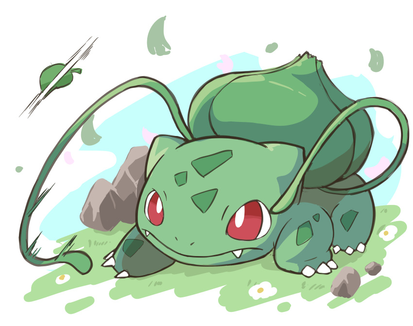 absurdres, animal_focus, bright_pupils, bulbasaur, claws, closed_mouth, fangs, flower, highres, no_humans, nostrils, petals, pokemon, poyo_party, razor_leaf_(pokemon), red_eyes, rock, smile, solo, vine_whip, white_flower, white_pupils