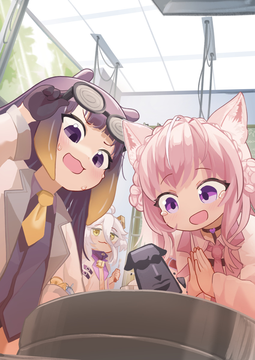 3girls, absurdres, ahoge, animal_ear_fluff, animal_ears, antenna_hair, black_gloves, blush