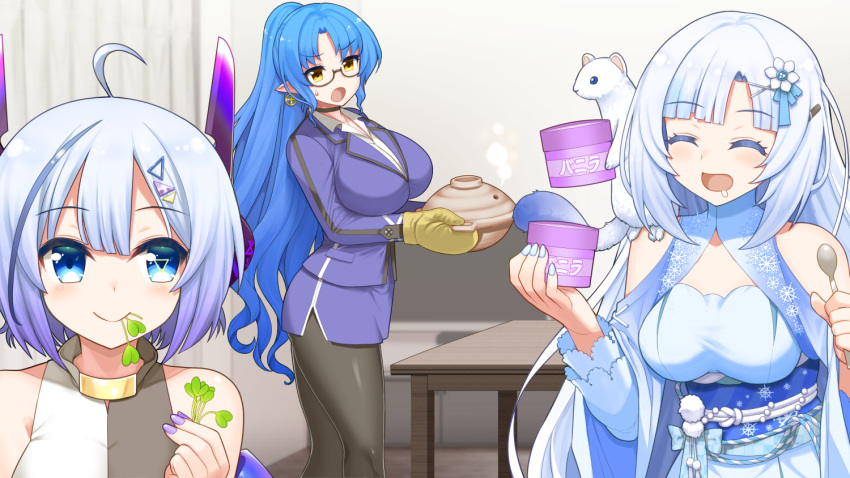 3girls, ahoge, animal_on_shoulder, aqua_eyes, bare_shoulders, biting, blue_hair, eating