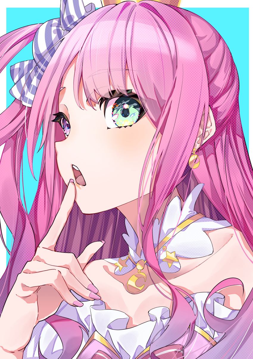 1girl, absurdres, blue_background, border, dress, earrings, finger_to_mouth, frilled_dress