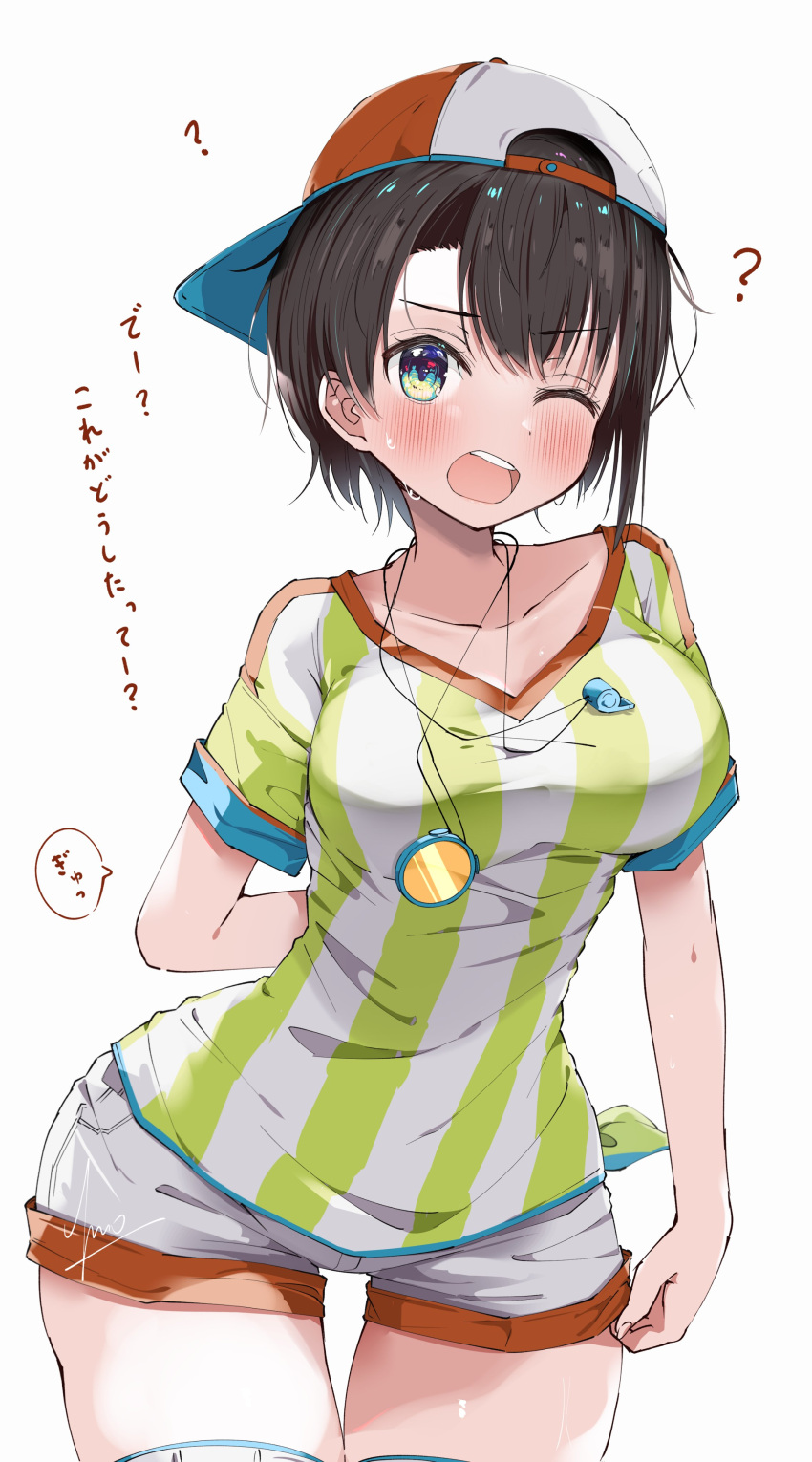 1girl, ?, absurdres, arm_at_side, arm_behind_back, backwards_hat, baseball_cap, black_hair
