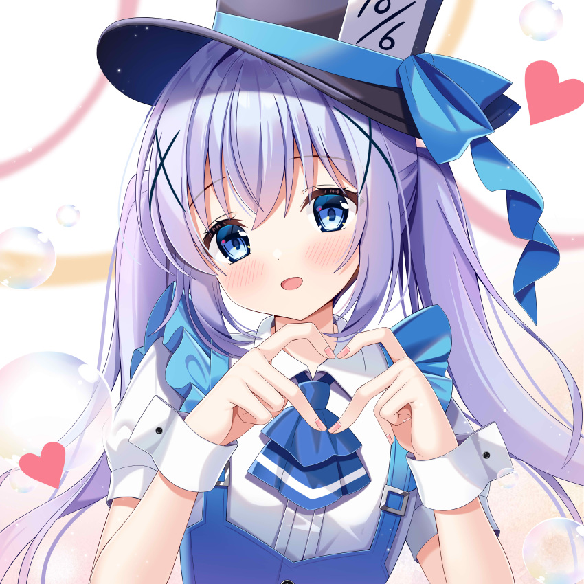 absurdres, armband, black_headwear, blue_eyes, blue_hair, blush, bow, fengshen_chino