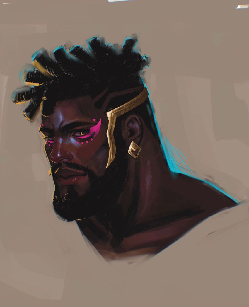 1boy, absurdres, beard, black_hair, brown_eyes, cropped_shoulders, crown, dark-skinned_male