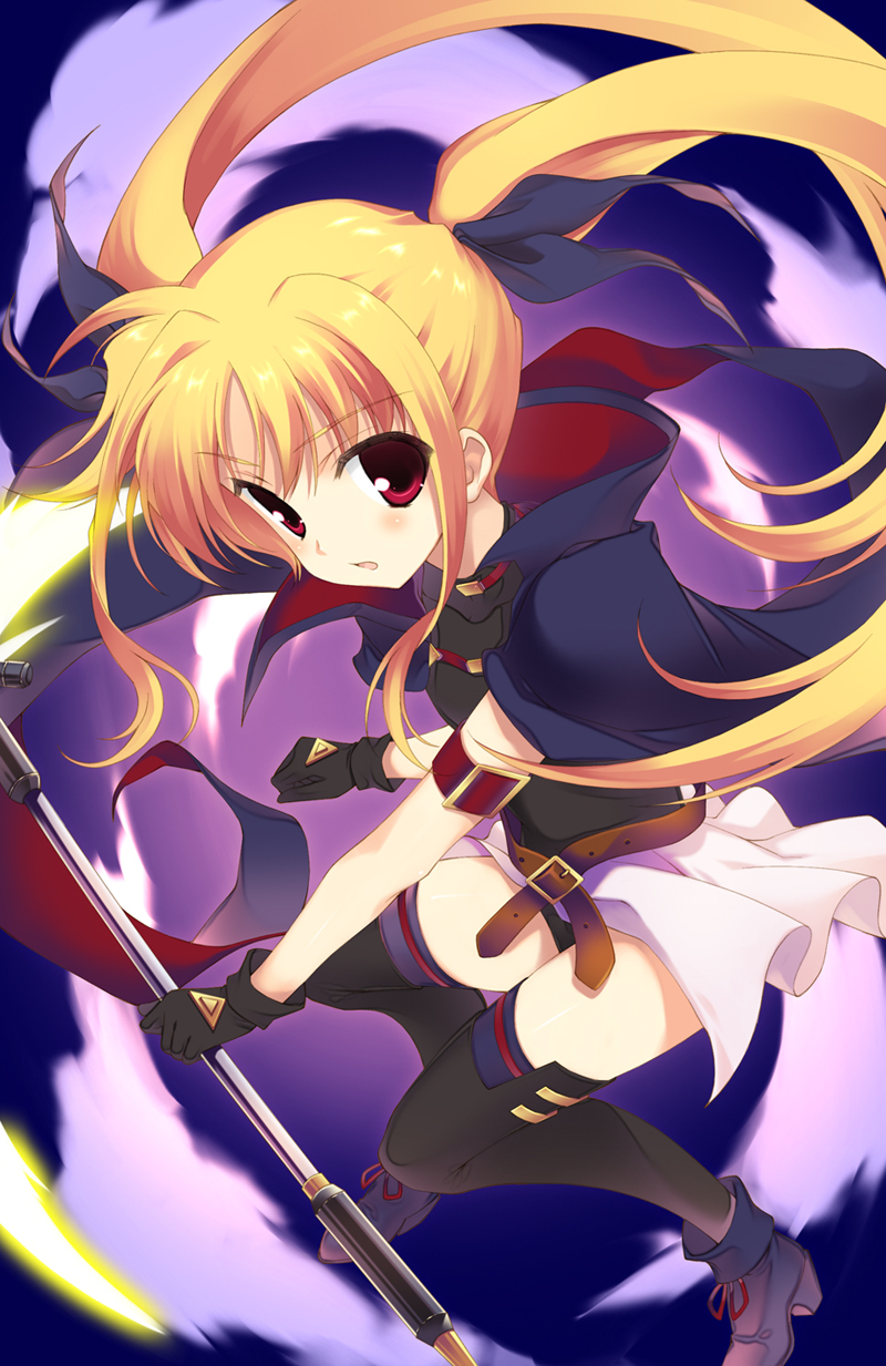 black_legwear, black_thighhighs, blonde_hair, fate_testarossa, gloves, hair_ribbon, highres, kugajou_takaya