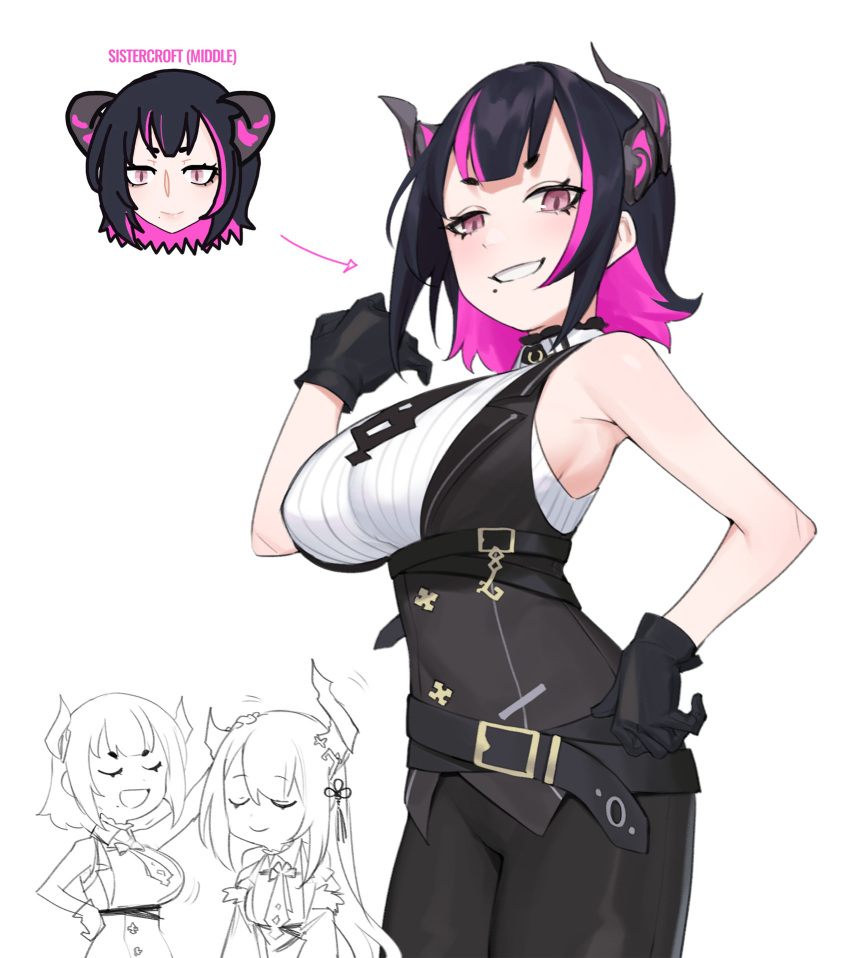1girl, asymmetrical_horns, bare_shoulders, black_hair, breasts, chibi, chibi_inset, colored_inner_hair