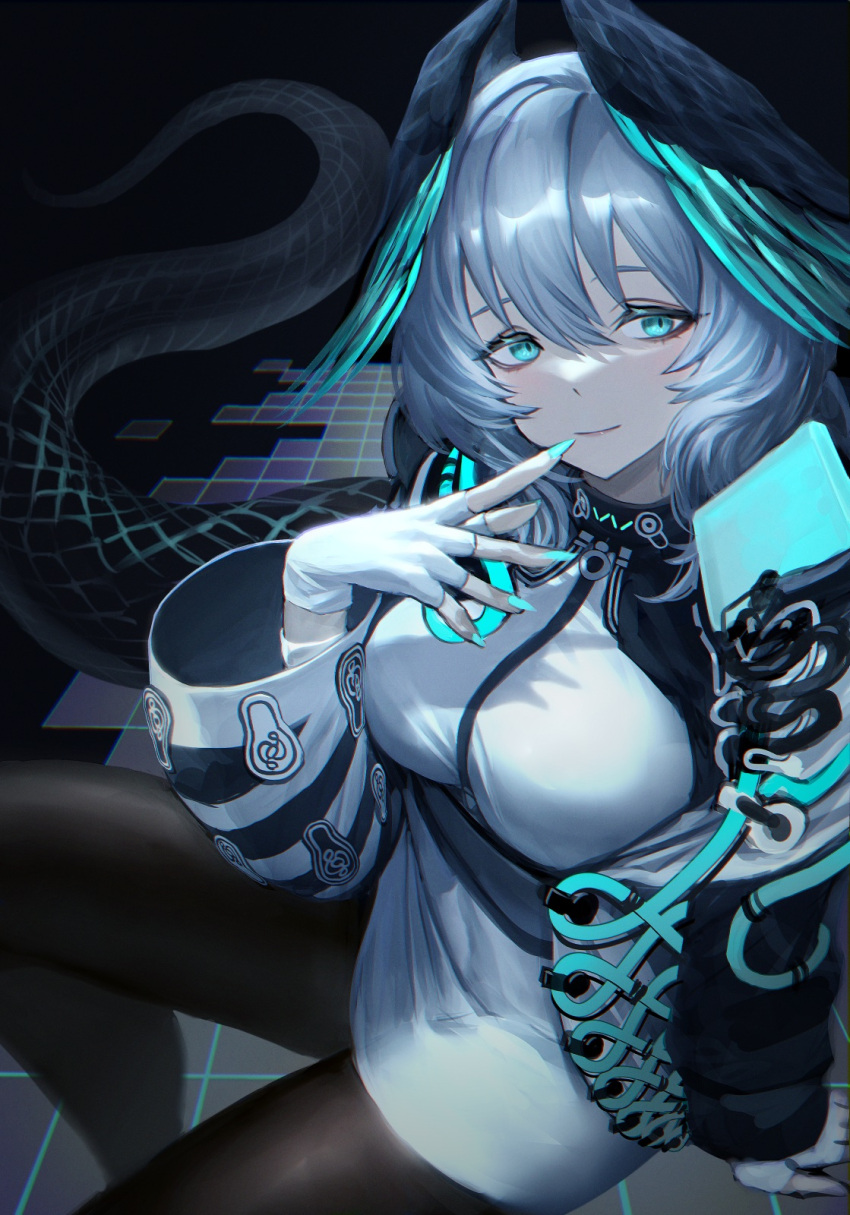 1girl, aqua_eyes, aqua_nails, aqua_wings, arknights, black_pantyhose, breasts, closed_mouth, dress, fingerless_gloves, gloves, grey_hair, head_wings, highres, ho'olheyak_(arknights), imone_illust, large_breasts, long_sleeves, looking_at_viewer, pantyhose, pencil_dress, short_hair, sitting, smile, snake_tail, solo, tail, white_dress, white_gloves, wings