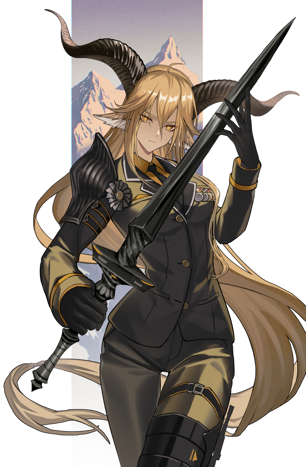 1girl, animal_ears, arknights, black_gloves, black_jacket, black_pants, black_shirt, blonde_hair