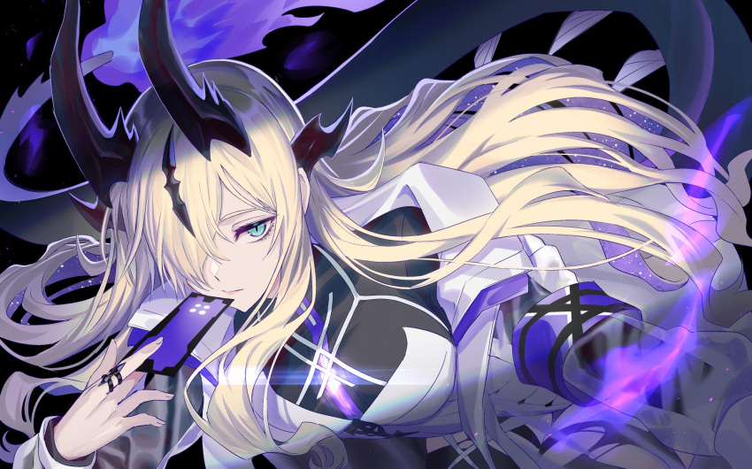 1girl, aqua_eyes, arknights, blonde_hair, breasts, card, closed_mouth, dragon_girl