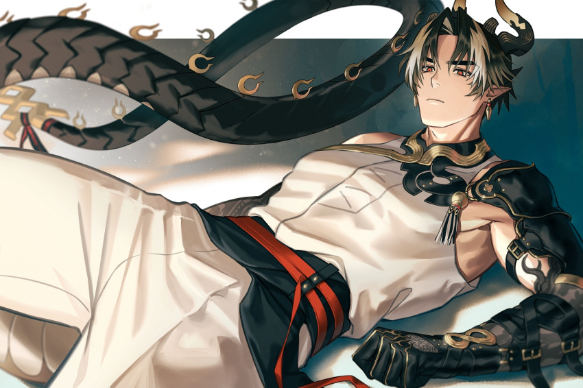 1boy, arknights, arm_tattoo, armor, black_gloves, black_hair, chong_yue_(arknights), closed_mouth