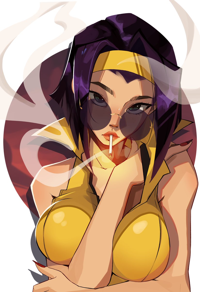 1girl, breasts, cigarette, cowboy_bebop, faye_valentine, green_eyes, hairband, headband