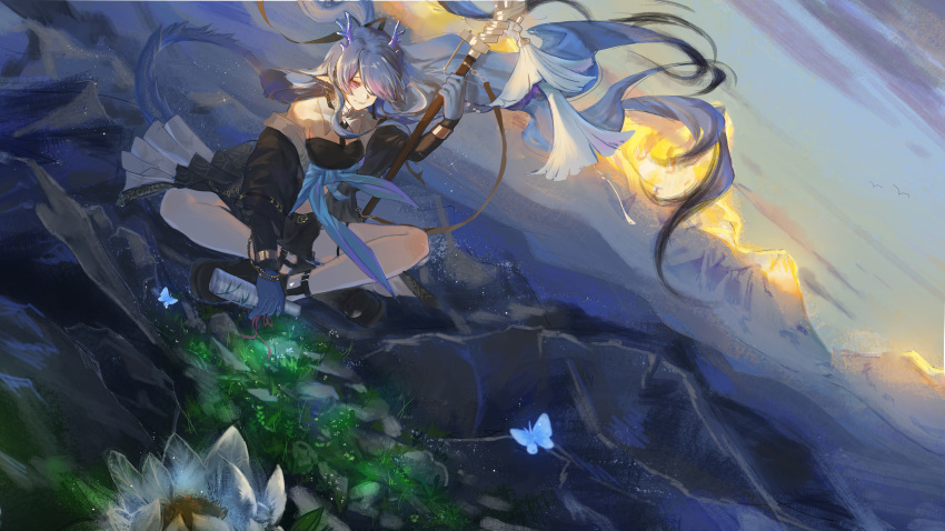 1girl, absurdres, arknights, black_footwear, black_jacket, black_shorts, black_tube_top, blue_butterfly, blue_hair, blue_skin, bottle, bug, butterfly, closed_mouth, colored_skin, day, dragon_horns, dragon_tail, floating_hair, flower, full_body, grass, hair_over_one_eye, highres, holding, holding_bottle, holding_staff, horns, jacket, ling_(arknights), ling_(towering_is_cliff_of_nostalgia)_(arknights), long_hair, mountain, mountainous_horizon, mriyak, off_shoulder, official_alternate_costume, one_eye_covered, open_clothes, open_jacket, outdoors, pointy_ears, shoes, shorts, sitting, sky, smile, solo, staff, strapless, tail, tube_top, violet_eyes, white_flower