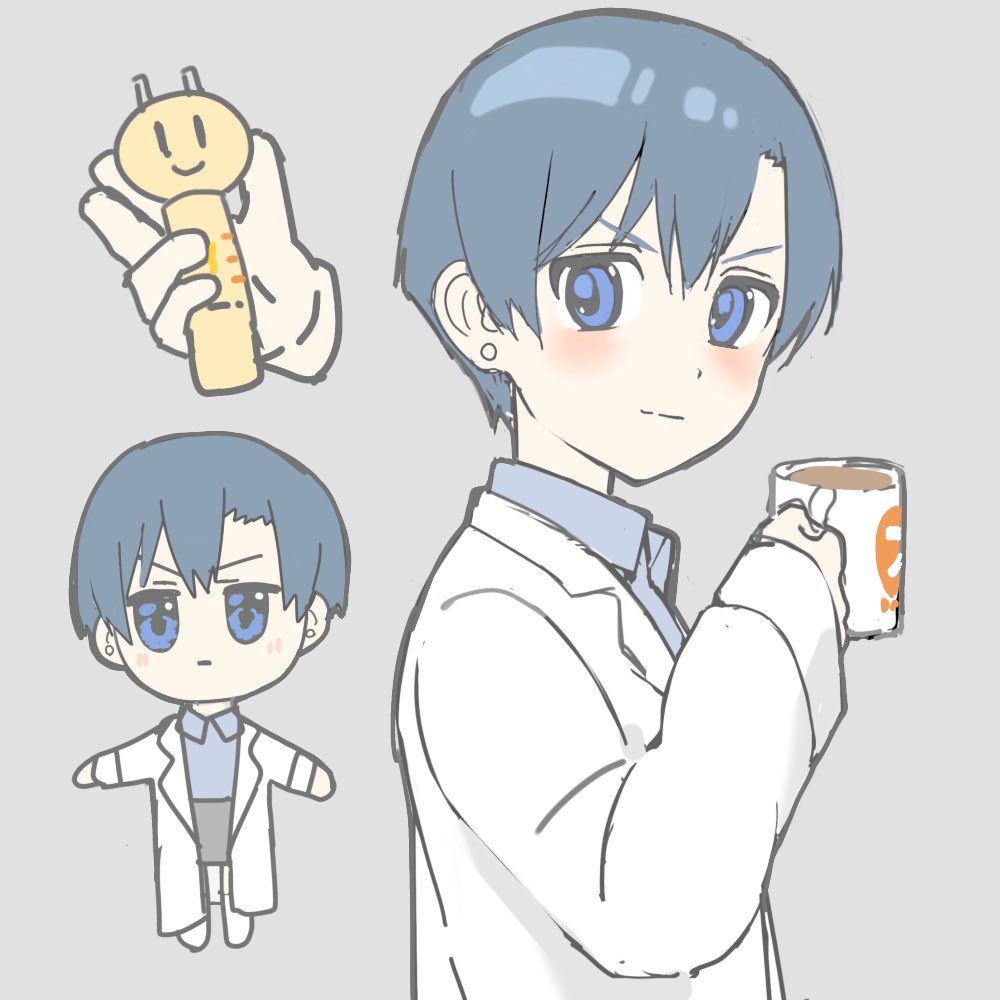 1girl, asymmetrical_bangs, blue_eyes, blue_hair, blue_shirt, blush, blush_stickers, chibi, close-up, closed_mouth, coffee, collared_shirt, cup, dot_nose, earrings, from_side, full_body, grey_background, hair_between_eyes, holding, holding_cup, holding_toy, jewelry, jitome, lab_coat, light_smile, looking_at_viewer, mug, multiple_views, muted_color, nakakiwaz, nakamura_kana, nichijou, no_nose, pearl_earrings, portrait, shirt, short_hair, solo, tareme, toy, v-shaped_eyebrows