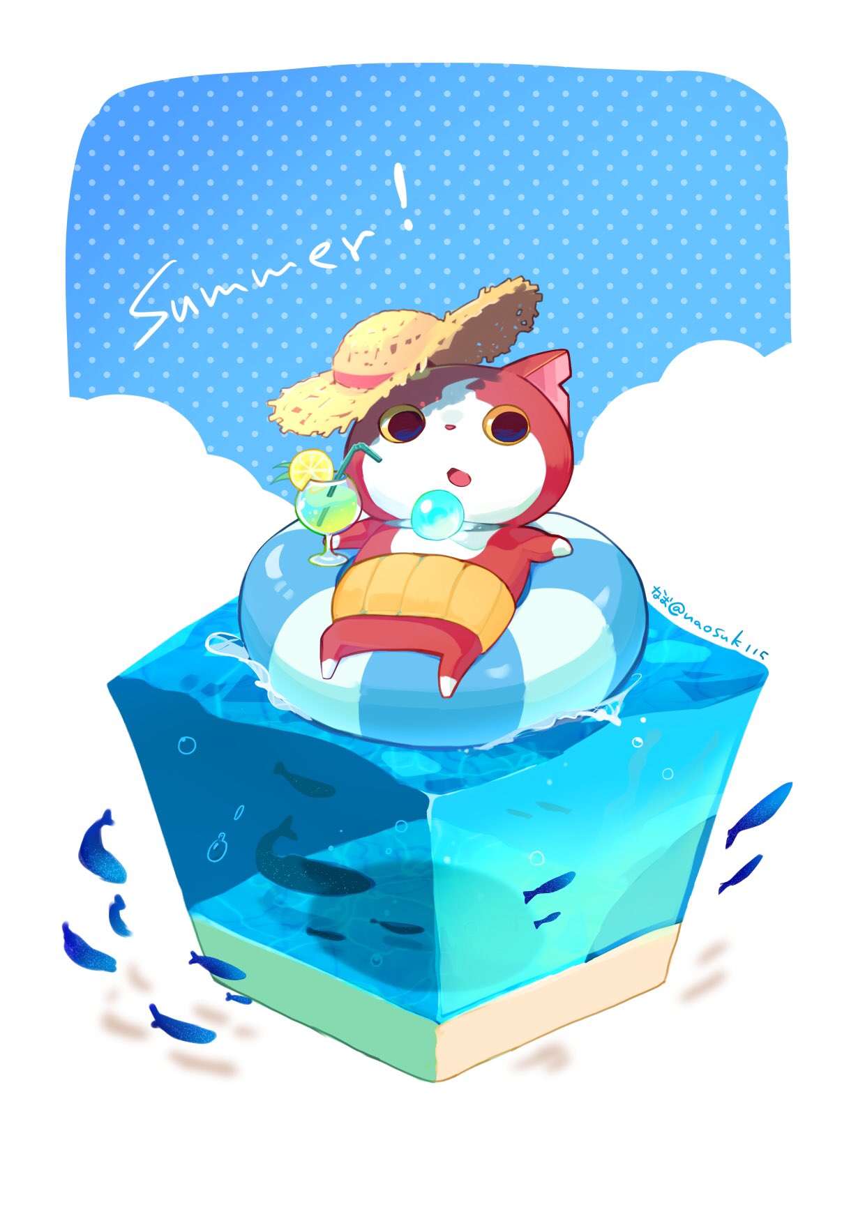 afloat, blue_sky, cat, clouds, cocktail, cocktail_glass, commentary_request, cup, day, drinking_glass, fish, food, fruit, full_body, haramaki, hat, highres, holding, holding_cup, innertube, isometric, jibanyan, lemon, lemon_slice, looking_to_the_side, lying, nao_(naosuk115), no_humans, notched_ear, on_back, open_mouth, outdoors, sky, solo, straw_hat, summer, traditional_youkai, water, youkai_watch