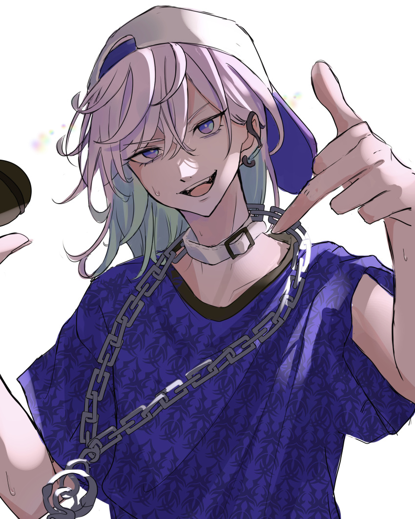 1boy, absurdres, backwards_hat, baseball_cap, blue_hair, blue_shirt, choker, colored_inner_hair