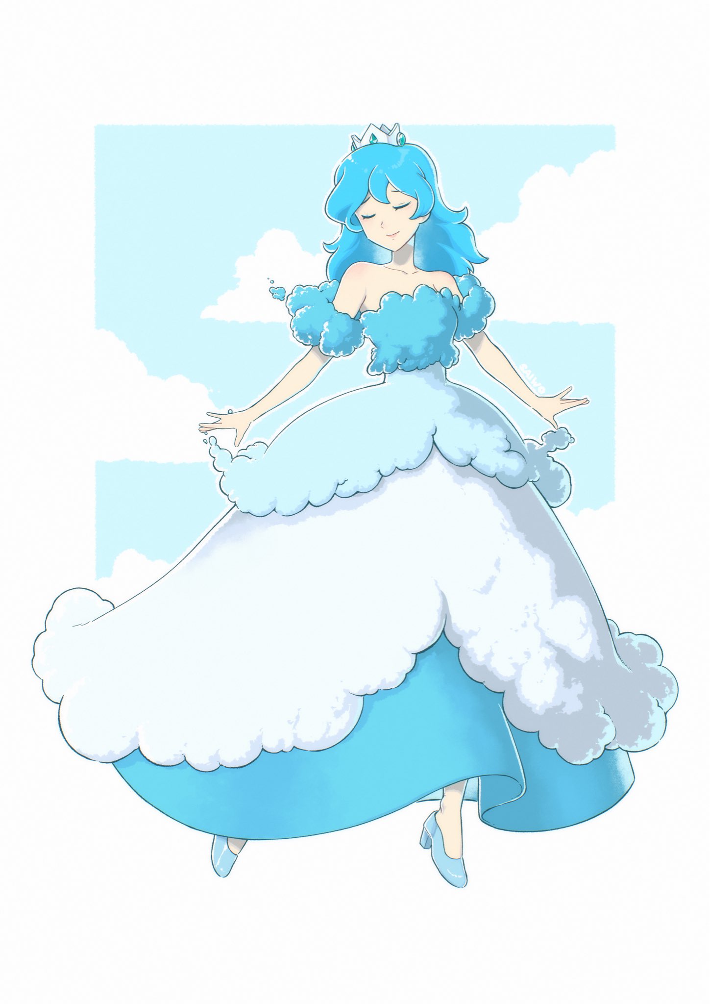 1girl, blue_dress, blue_footwear, blue_hair, closed_eyes, cloud_clothes, dress, full_body, high_heels, highres, long_hair, original, saiwo_(saiwoproject), solo