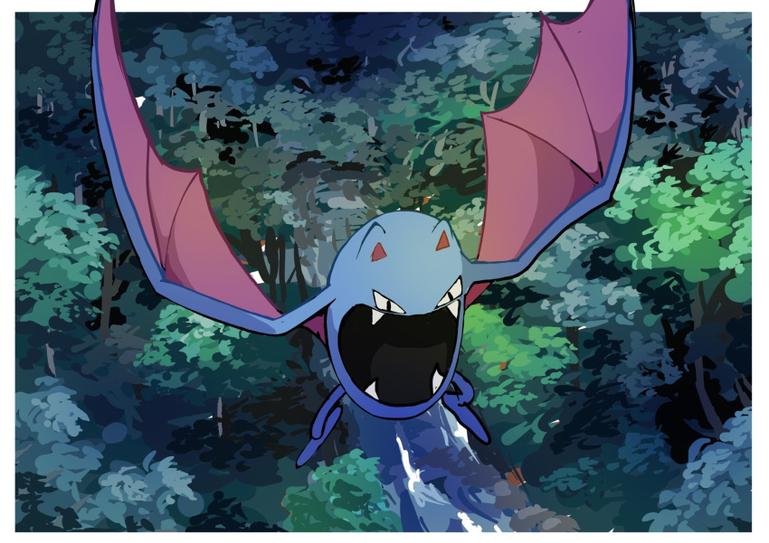 border, commentary_request, fangs, flying, forest, from_above, golbat, hazikamiio, highres, nature, night, no_humans, open_mouth, outdoors, pokemon, pokemon_(creature), solo, tree, water, white_border