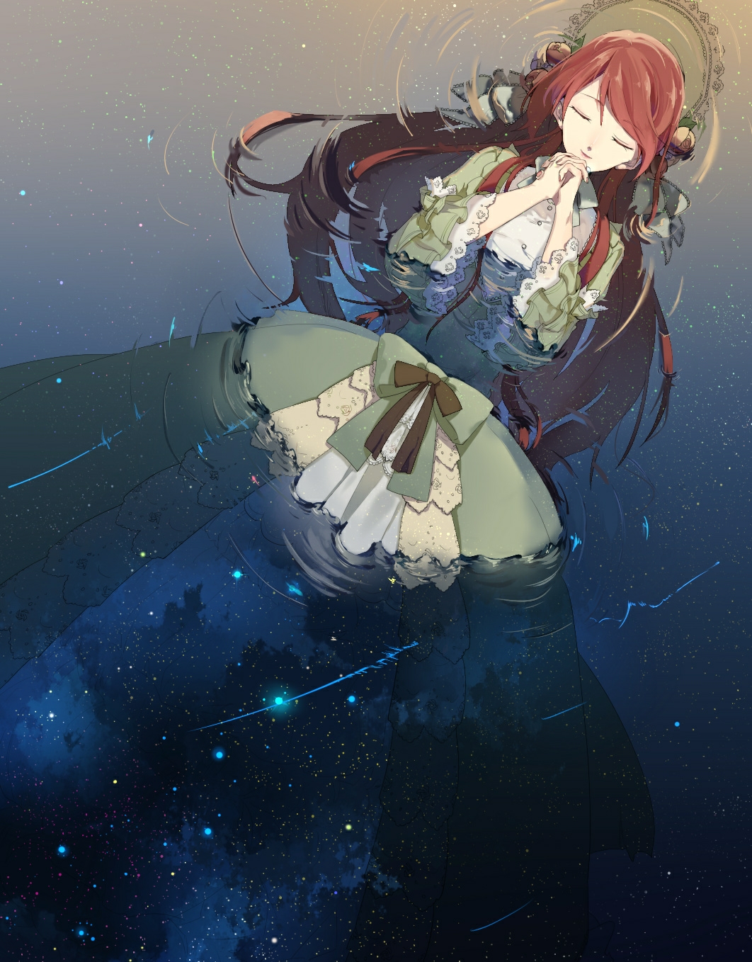 1girl, afloat, brown_hair, dress, facing_viewer, green_dress, green_headwear, hakushaku_to_yousei