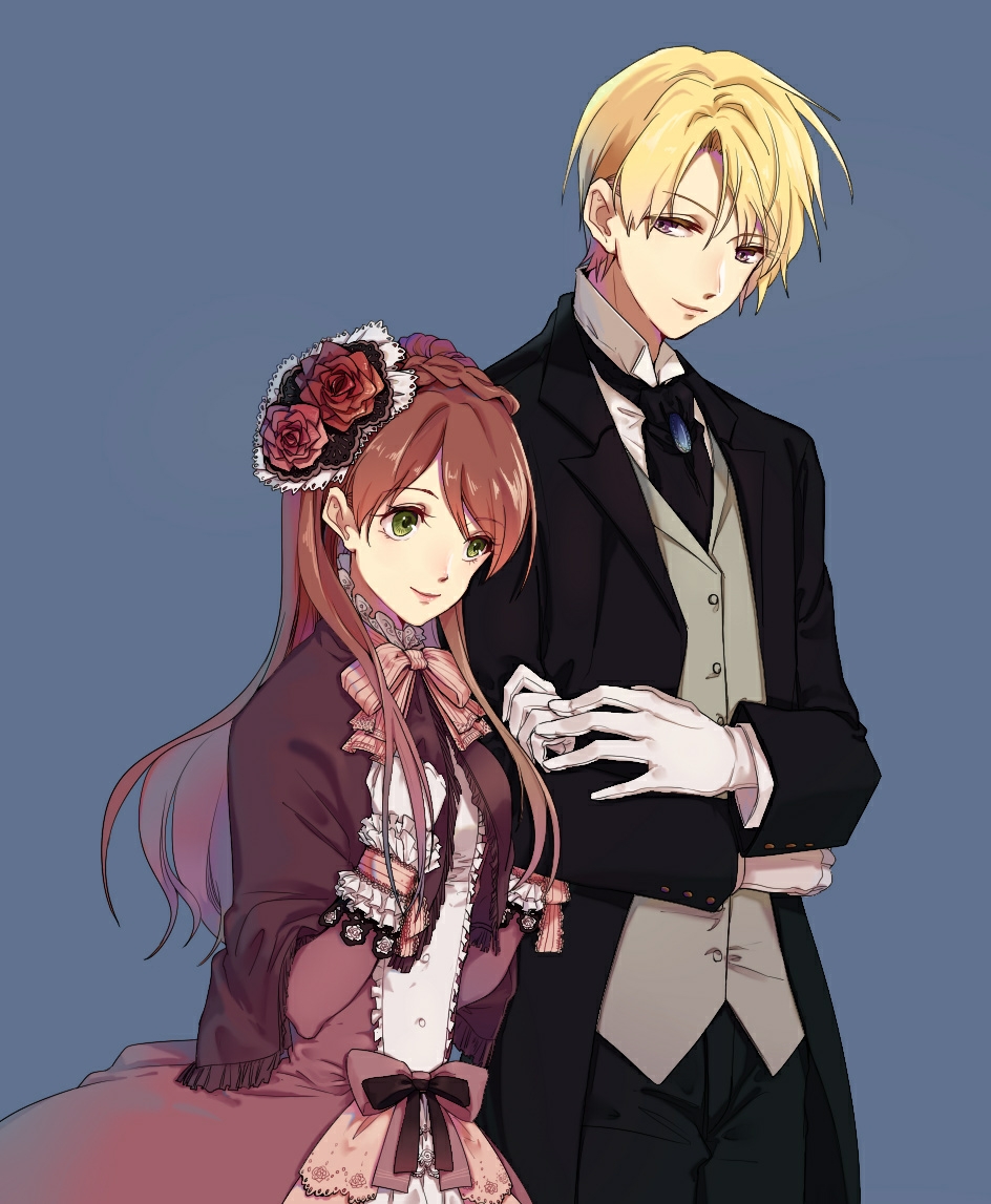 1boy, 1girl, ascot, black_ascot, black_suit, blonde_hair, bow, braid