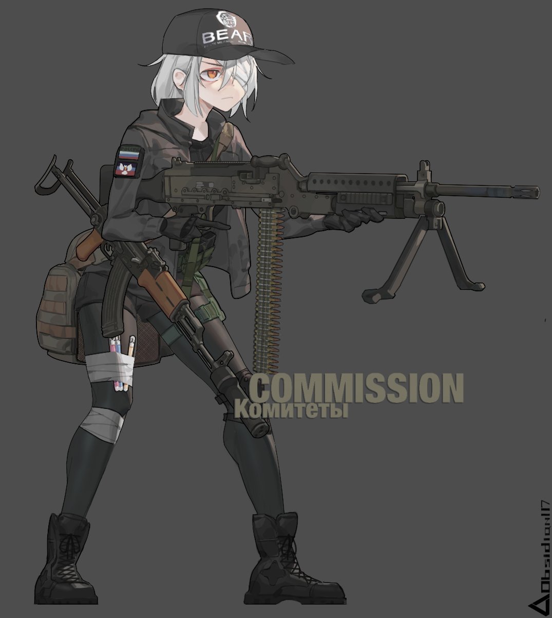 1girl, akm, assault_rifle, baseball_cap, bipod, black_gloves, black_headwear, black_shirt